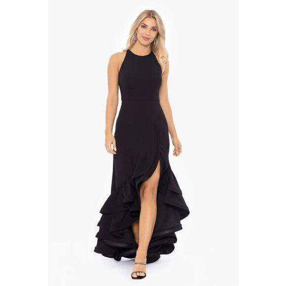 Betsy & Adam Arielle Scuba Crepe Ruffle Slit Asymmetrical Maxi Gown Black Size 8 - Picture 1 of 12